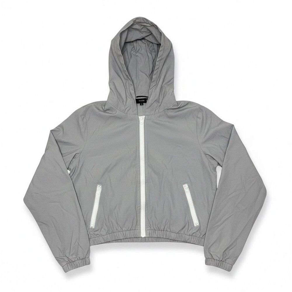 FOREVER 21 Women’s Light Gray Cropped Windbreaker Canvas Jacket Sz M Full Zip